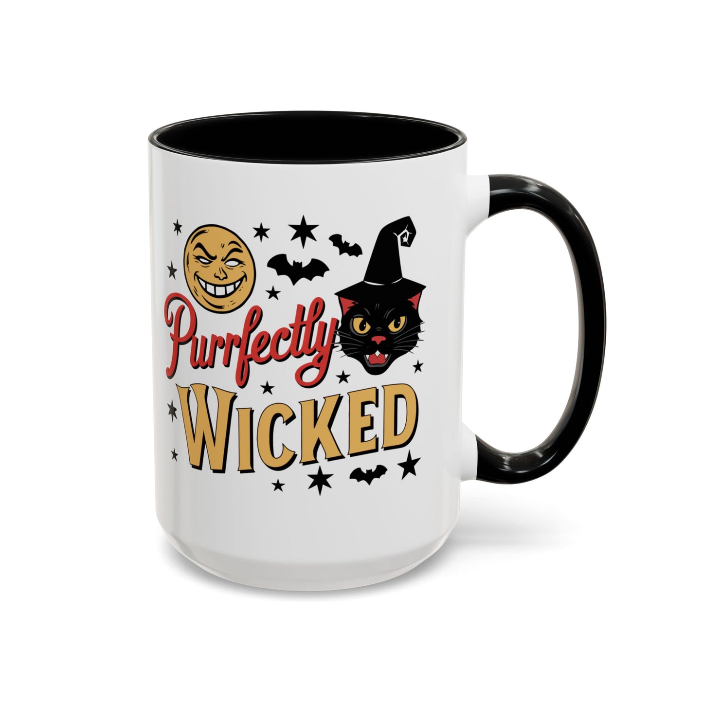 Black Cat Halloween Two-Tone Ceramic Coffee Mug, Gift for Cat Lovers, Pet Lovers, Catloween, Witch Cat Tea Cup