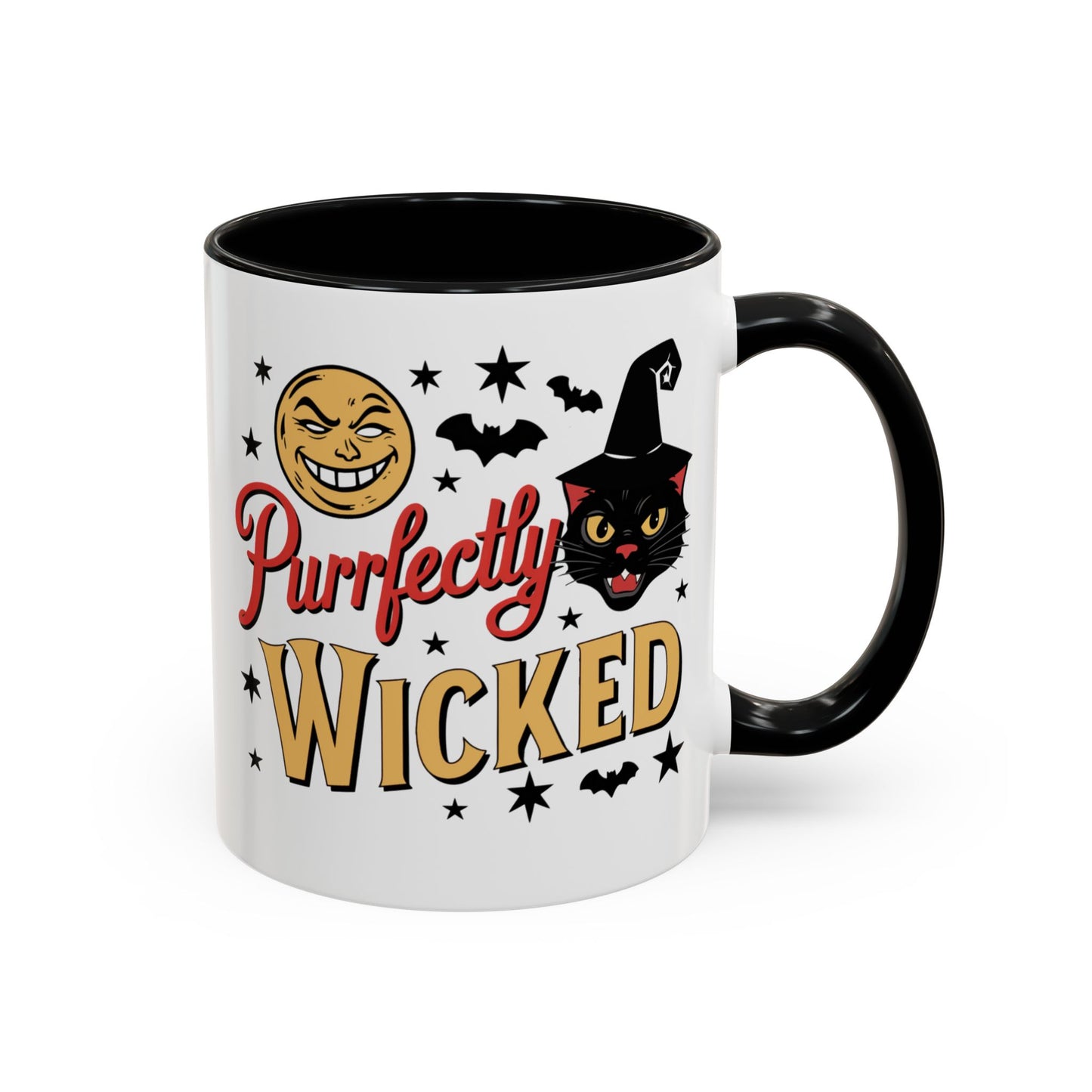 Black Cat Halloween Two-Tone Ceramic Coffee Mug, Gift for Cat Lovers, Pet Lovers, Catloween, Witch Cat Tea Cup